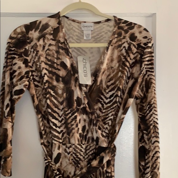 New Chico’s Brown Wrap Style Animal Print Dress 0 - Picture 3 of 6
